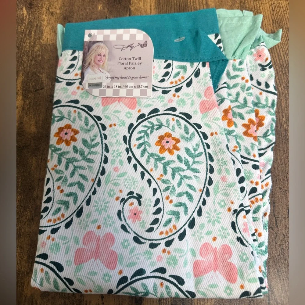 Dolly Parton Set of Floral Paisley Pot Holders & Cotton Twill Ruffled Half Apron